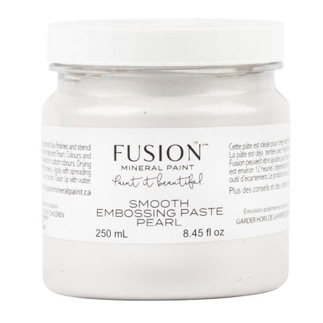 Fusion Mineral Paint Smooth Embossing Paste - Pearl, 250 mL jar with labeled product details visible on container.