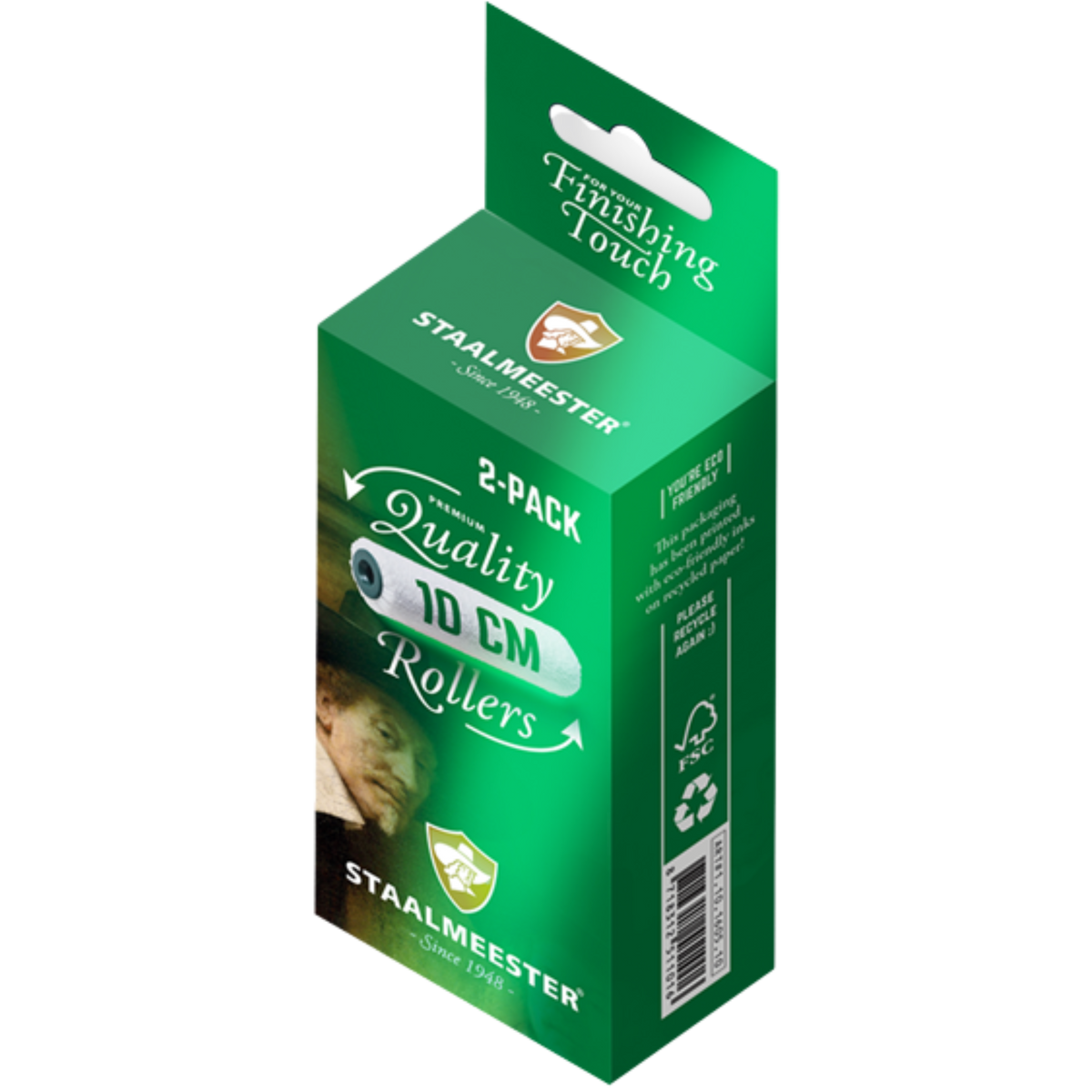 Staalmeester High-End Premium Roller Refills 2-pack, 10cm, Fusion Mineral Paint, green box with recycling symbol.