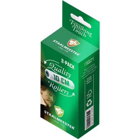 Staalmeester High-End Premium Roller Refills 2-pack, 10cm, Fusion Mineral Paint, green box with recycling symbol.
