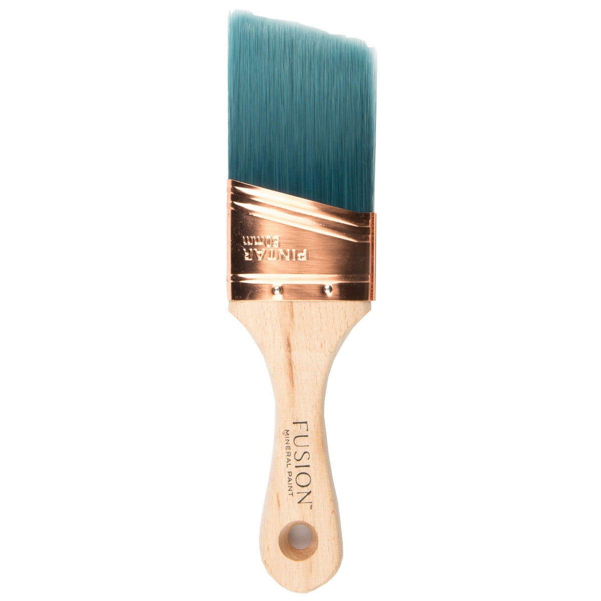 Fusion Mineral Paint Synthetic Angled Workshop Brush 2″ with wooden handle, teal bristles, and copper ferrule.