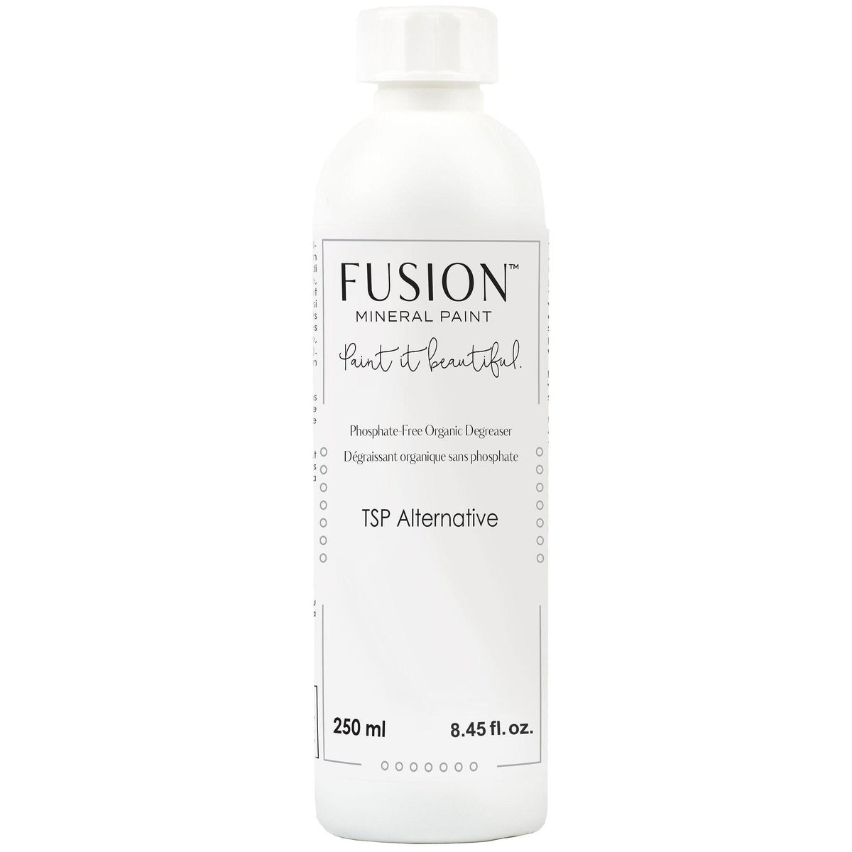 White 250ml TSP Alternative Furniture Cleaner bottle by Fusion Mineral Paint standing upright on a plain background.