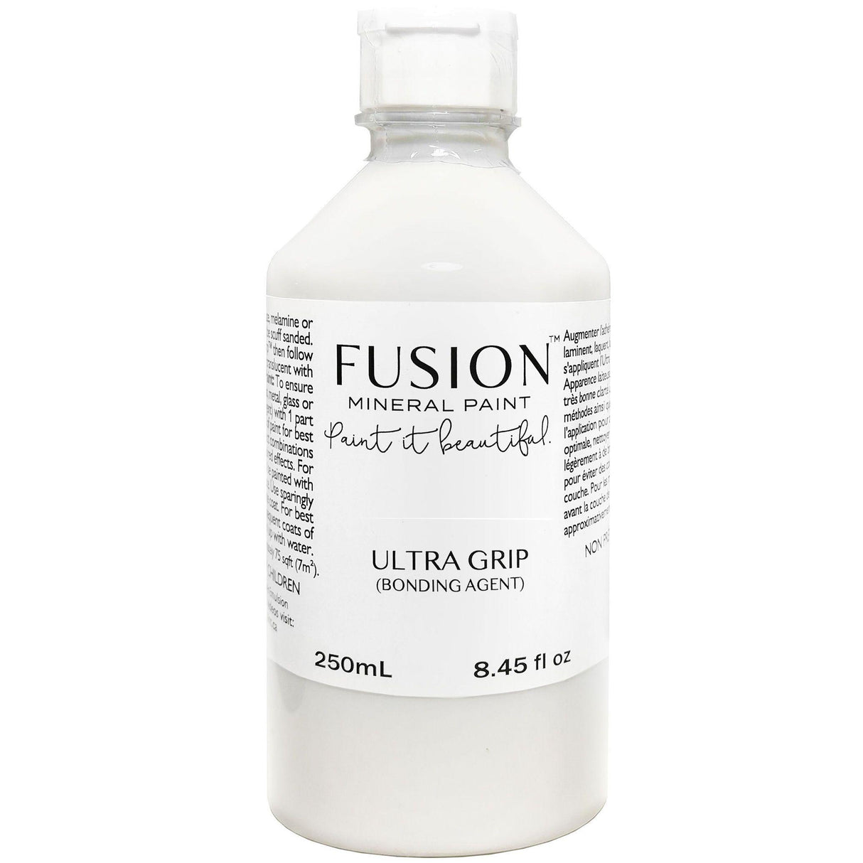Fusion Mineral Paint Ultra Grip Bonding Agent, 250mL bottle with white cap and label.
