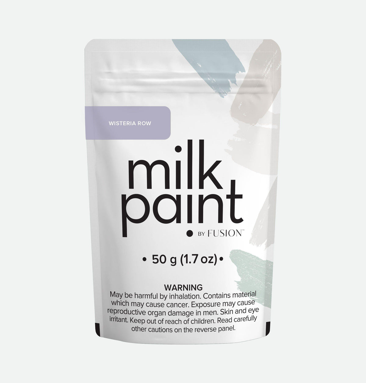 50g Fusion Mineral Paint Wisteria Row Milk Paint pouch with safety info and brushstroke accents on packaging.