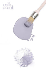 Fusion Mineral Paint Wisteria Row brush, pastel paint smear, and matching milk paint powder pile.